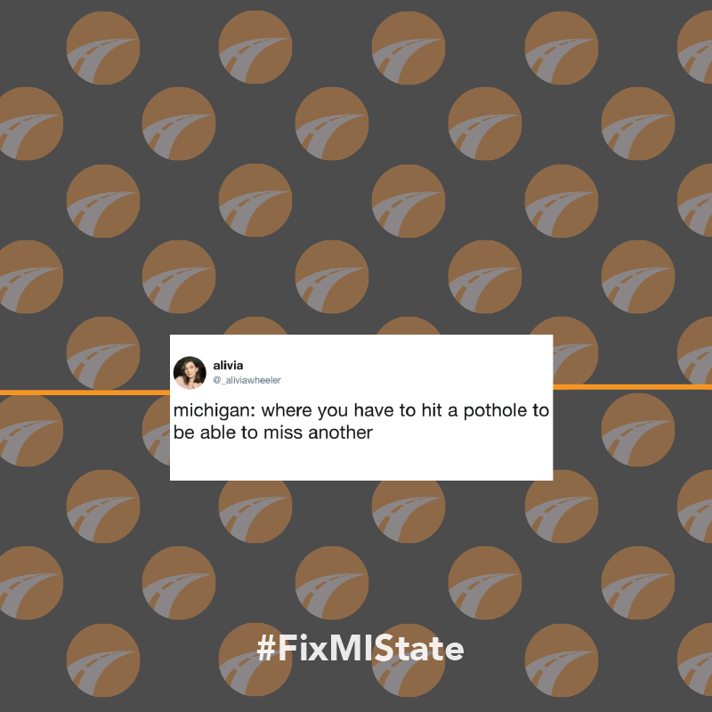 FixMIState's tweet image. Michigan: where you have to hit one pothole to miss another 😂 Check out these hilarious#MichiganPothole tweets! 🙌 

Use #FixMIState to tweet about Michigan&apos;s #infrastructureproblems like #sinkholes #sewage overflows &amp;amp; more.