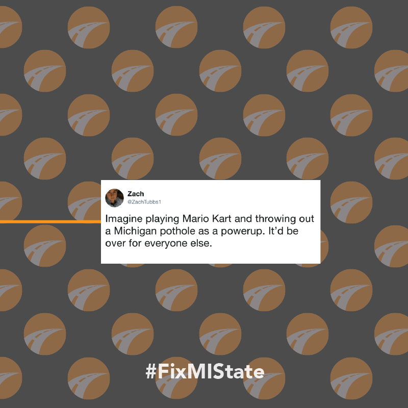 FixMIState's tweet image. Michigan: where you have to hit one pothole to miss another 😂 Check out these hilarious#MichiganPothole tweets! 🙌 

Use #FixMIState to tweet about Michigan&apos;s #infrastructureproblems like #sinkholes #sewage overflows &amp;amp; more.