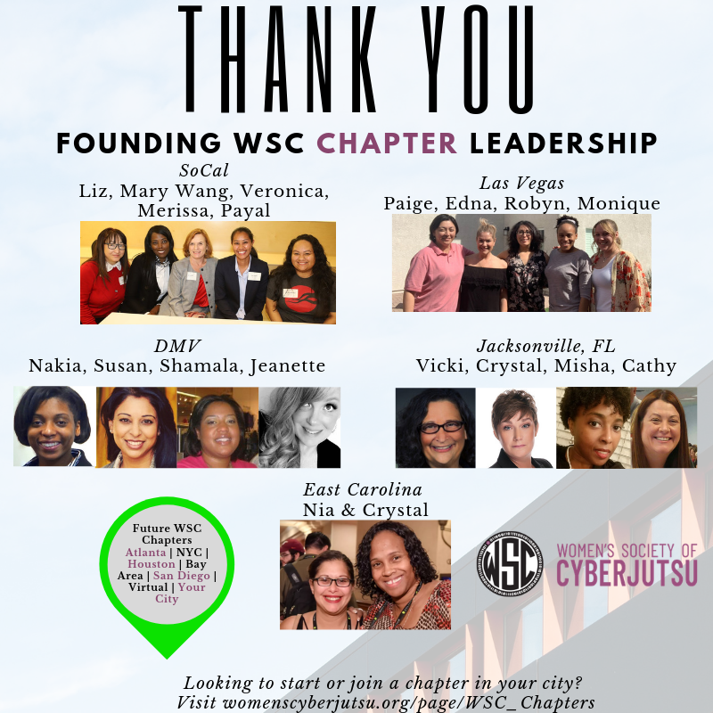 WomenCyberjutsu's tweet photo. We are great because of our #volunteers! #chapterleads rock it out daily bringing the WSC mission to their local areas! Thank you ladies for all you do! WSC #empowers women and girls to lead in cyber! Check out @Meetup and the WSC #calendar for upcoming events! #cyberjutsutribe https://t.co/tDJDvR3NEk