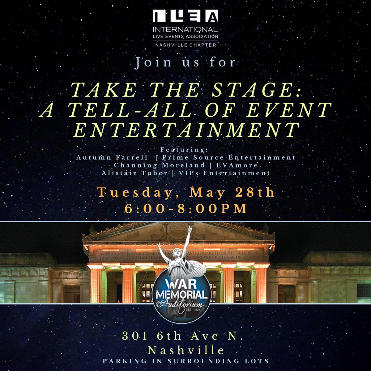 Last call for tix for Tuesday's meeting before a price increase! Join us on Tuesday for a panel discussion with some entertainment industry professionals! <a href="/wmarocks/">WarMemorialNashville</a> <a href="/PrimeSourceEnt/">Prime Source</a> <a href="/evamoreco/">cvm</a> @TheVIPsBand <a href="/Brantley37209/">Brantley Sound</a> <a href="/FlavorCatering/">Flavor Catering</a> <a href="/MusicCityTents/">Music City Tents</a>  eventbrite.com/e/take-the-sta…