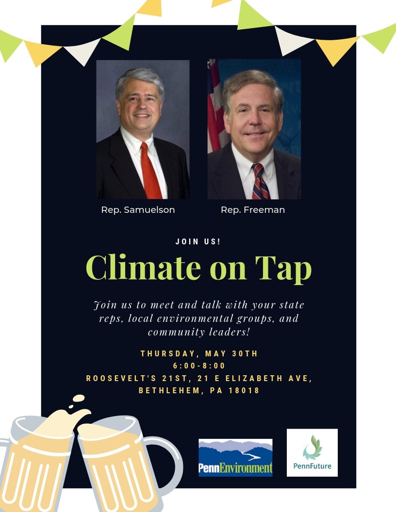PennFuture's tweet photo. Then, from 6-8pm in Bethlehem, @PennFuture is co-hosting a #ClimateOnTap event w/ @PennEnvironment at Roosevelt's 21st. Meet w/ your state reps, local enviro groups & community leaders to learn how climate change impacts life in the #LehighValley. RSVP: https://t.co/856AbqSTUb https://t.co/j41Vw3AqXX