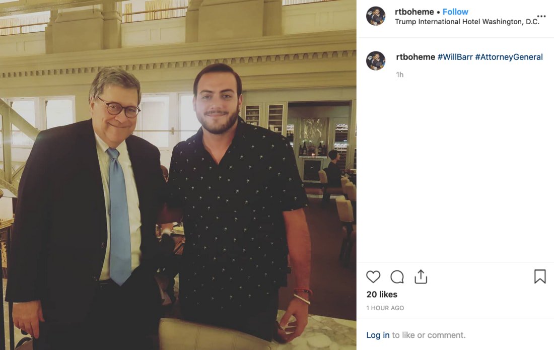 Another photo surfaced of Attorney General William Barr mingling at the president’s hotel.Via  @1100Penn  https://zacheverson.substack.com/p/political-donations-flow-to-presidents