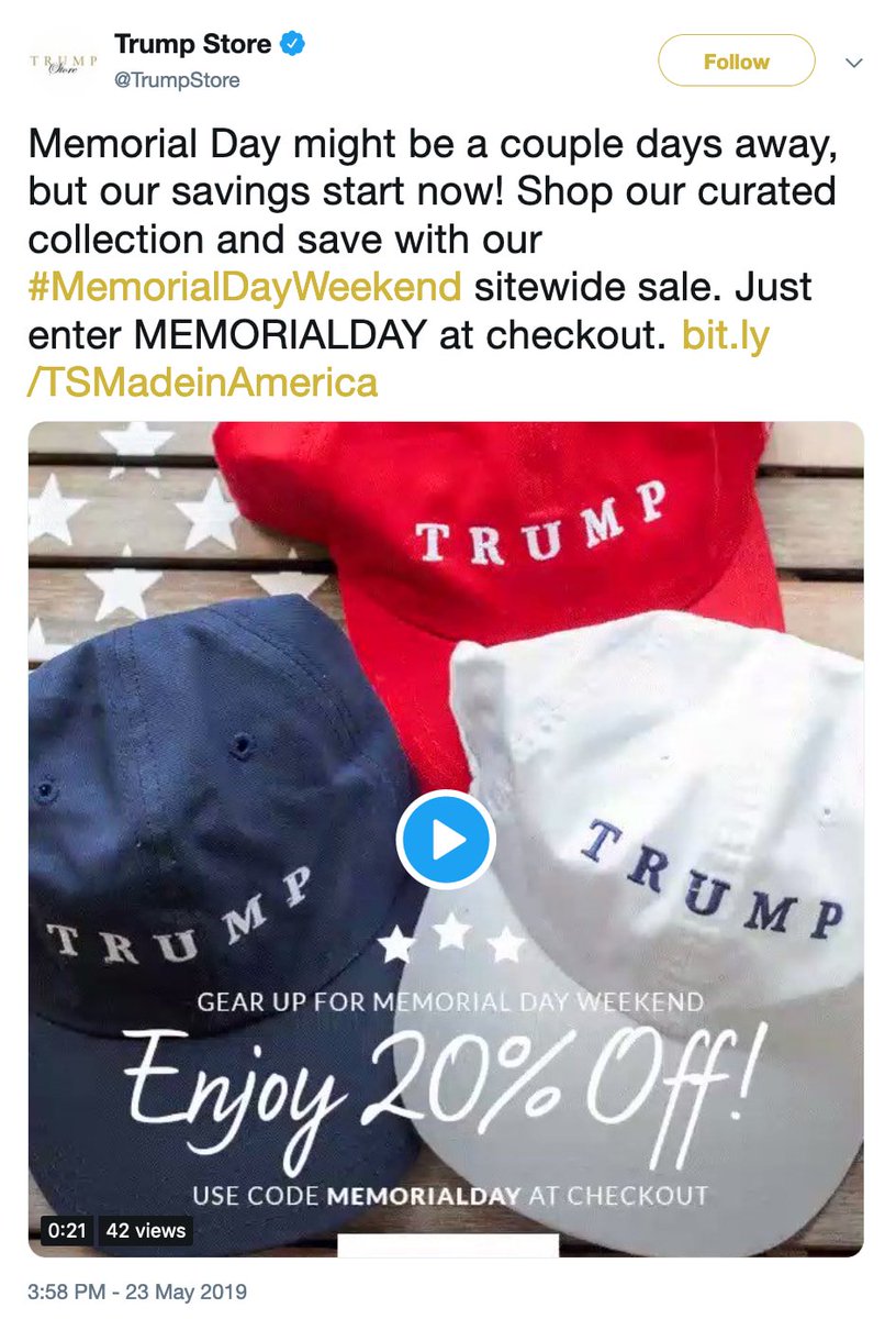 The Trump Store wants you to honor America’s fallen troops this Memorial Day by buying a hat emblazoned with the commander-in-chief’s name.Via  @1100Penn  https://zacheverson.substack.com/p/political-donations-flow-to-presidents