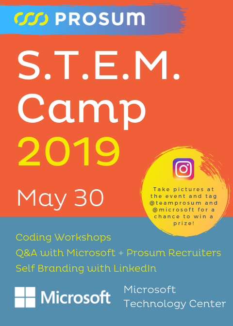 Prosum's tweet photo. Next week @Prosum will co-host S.T.EM. Camp with the City of Los Angeles and @Microsoft. Local S.T.E.M. students will participate in coding workshops, a self-branding presentation from LinkedIn, and a Q&A with our recruiters to learn how to ace interviews! #TeamProsum #STEM https://t.co/zyJWIo3rzY