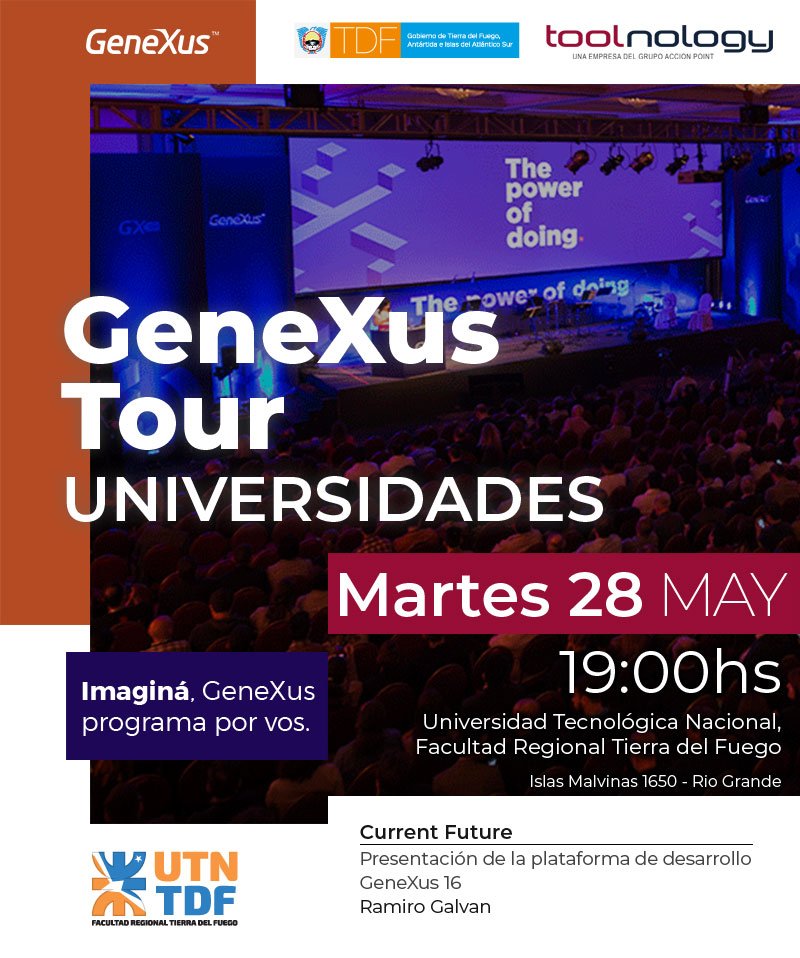 📢Presentación #UtnRioGrande
📅28 de Mayo 19Hs. 
"Imagina, GeneXus programa por vos "👩‍💻
Todo lo que tenes que saber sobre #GeneXus
#utn #RioGrande #TierradelFuego #Presentacion