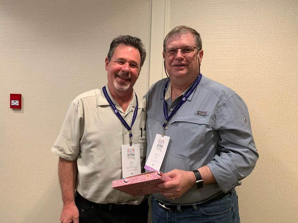 TRUFaculty's tweet photo. Outgoing FPSE President  George Davison @gadavison congratulates TRUFA President Tom Friedman @TRUFA_pres, who steps down on June 30th after 5 years in the position.👏👏👏 https://t.co/QnB2eoOFIt