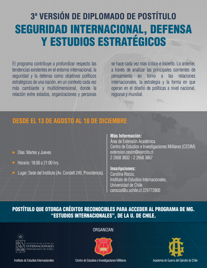 cesim_chile's tweet photo. ¿ Interesado(a) en #RelacionesInternacionales y #Estrategia?✅Inscríbete ahora en la 3a versión del #Diplomado "#Seguridad #Internacional, #Defensa y Estudios Estratégicos" organizado por @ieiuchile @academiadeguerra @cesim_chile https://t.co/6K86PQfiCW