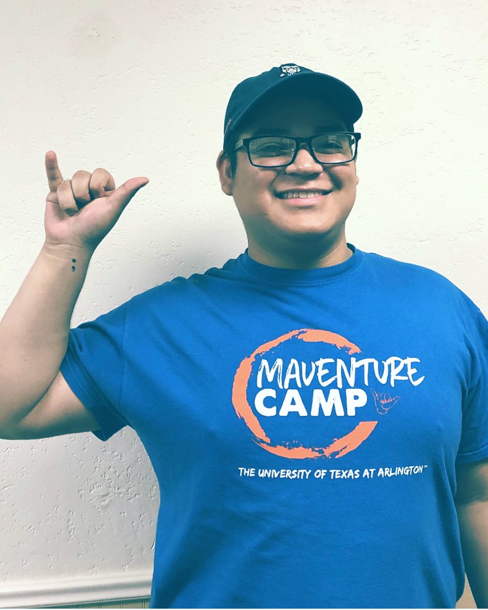 UTAOrientation's tweet photo. 🗣Yo, yo, yoooo—meet Justin! He is one of your Maventure Camp Leaders (MCLs) and attended our very first Maventure Camp last summer before returning this year. shared that Maventure helped him understand the importance of school and friendships!🤘😝
•
#maventure #uta #mavericks https://t.co/kOHtEKEXz1