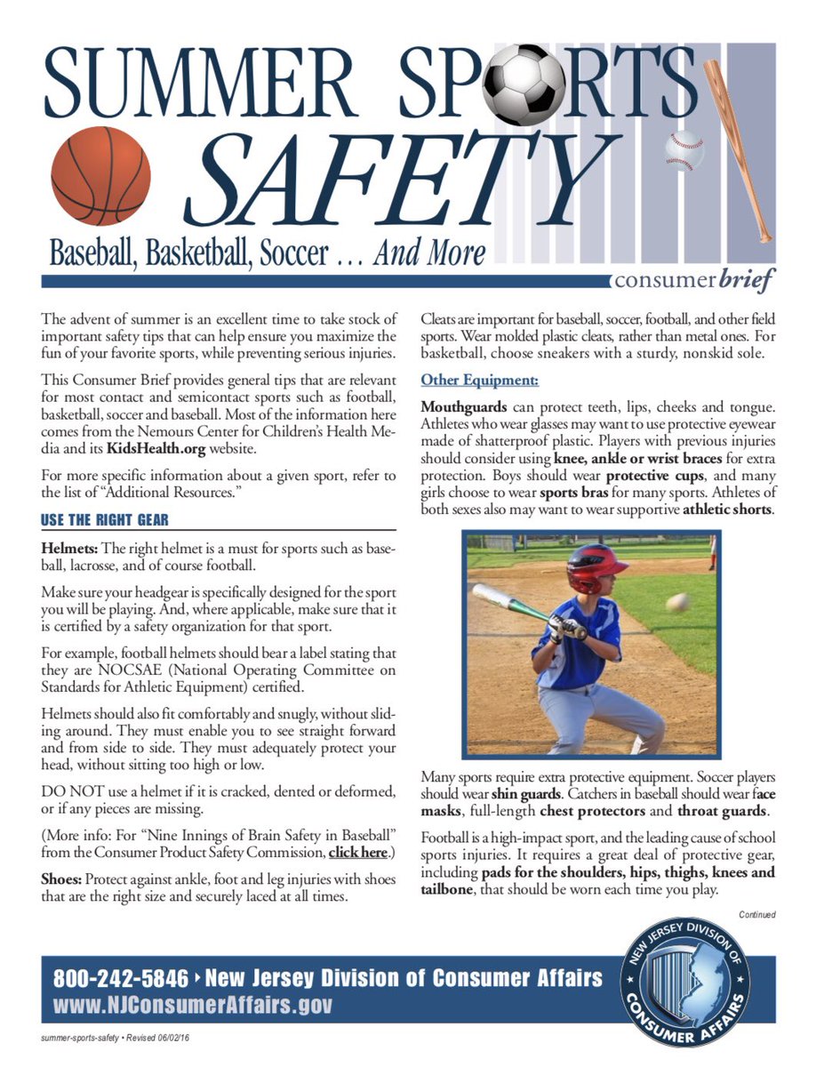 NewJerseyOAG's tweet photo. When you gear up for summer sports, gear up for safety!
 
With increased outdoor activity comes increased risk of injury. It’s important to be aware of the potential dangers in summer sports and to take the necessary steps to stay safe while maximizing the fun. #SummerSafetyWeek https://t.co/FZsKaHF9fH