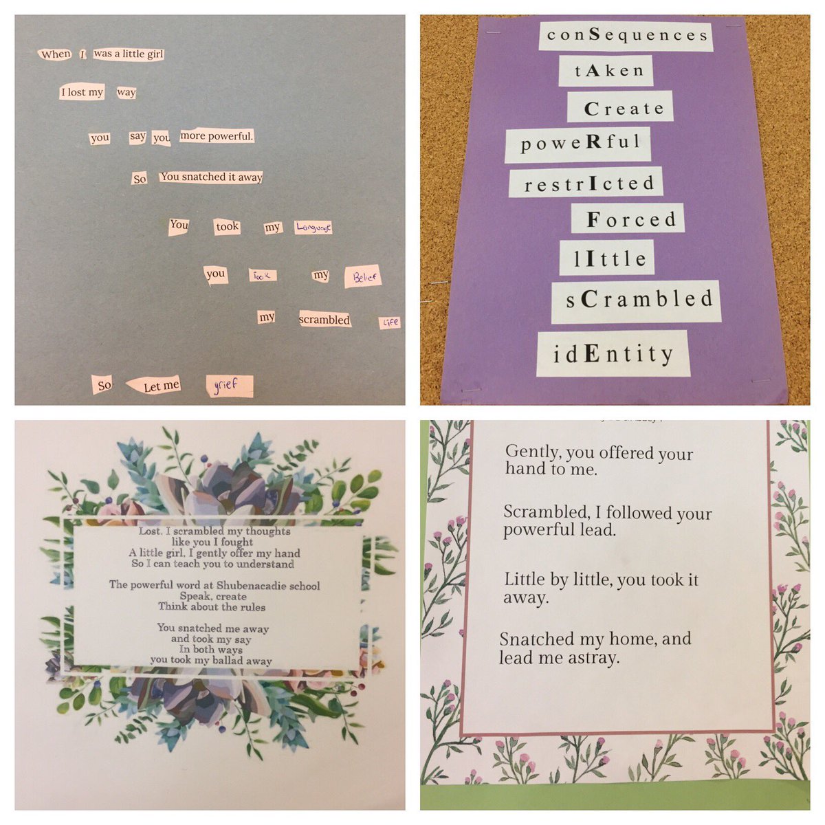MsKourniotis's tweet photo. So proud of the found poems my 2D class created from Rita Joe’s “I Lost My Talk”. So much creativity and so many thoughtful connections to Indigenous issues. https://t.co/sOBwvRGuTh