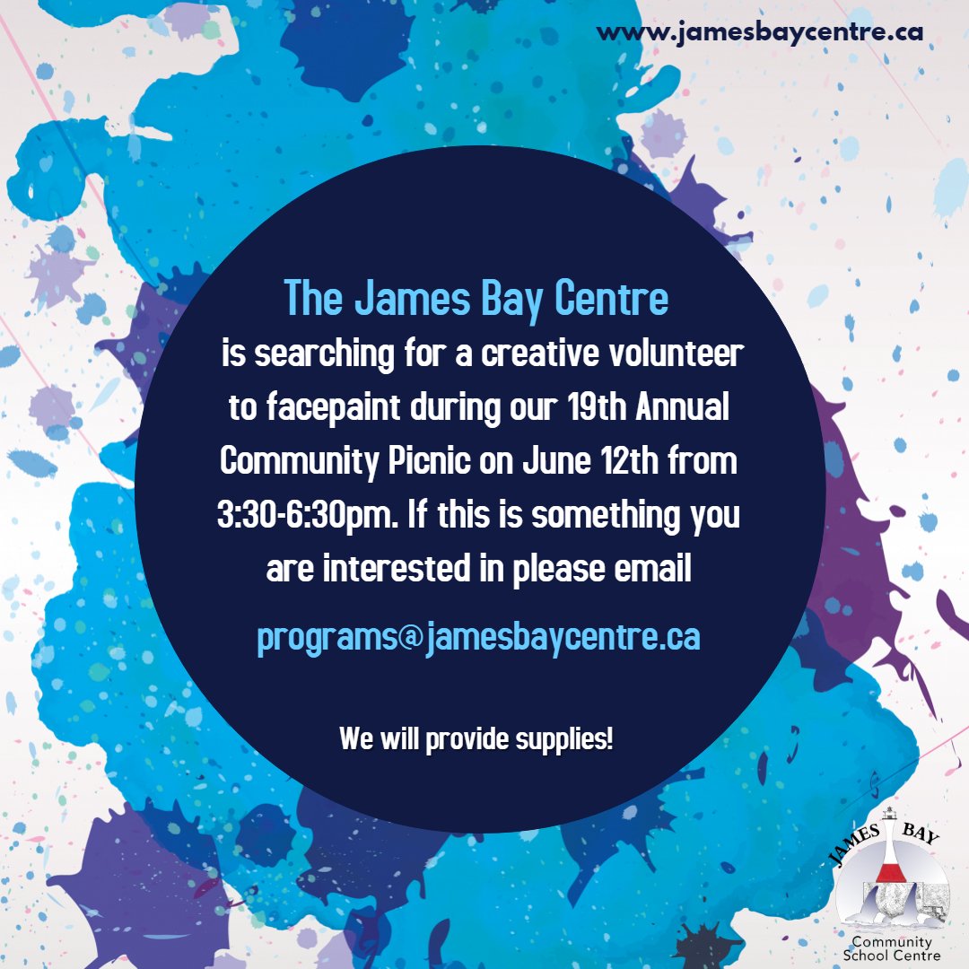 We are still in search for a creative volunteer to help at our Annual Community Picnic coming up on Wednesday, June 12th from 3:30-6:30pm. If you or someone you know is interested in face painting for our event please call or email! 
#face #paint #community #JBPICNIC19 #JamesBay