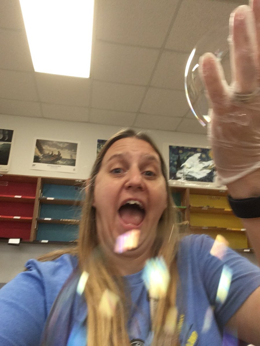 MSullivanFAC's tweet photo. Bubble selfie! Who says teachers can’t enjoy Mad Scientist Day? Thank you @tara_bustamante!! #finchfalcons https://t.co/XKkwU24pcw