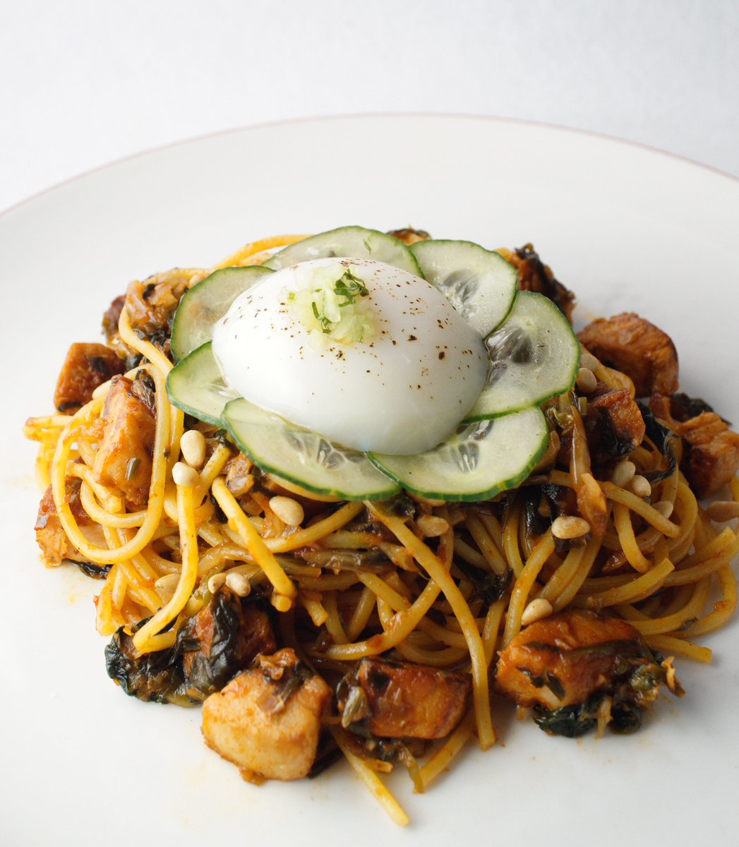 Off menu feature • House made ramp kimchi | | spaghetti  | caramelized tomato juice | sautéed pork belly | toasted pine nuts |  fresh cucumber  62 Degree egg #offmenu #dinner #Sentipgh #Lawrenceville #pastafresca #pittsburghfoodie #pittsburgheats #pittsburghchefs #eeeeeats