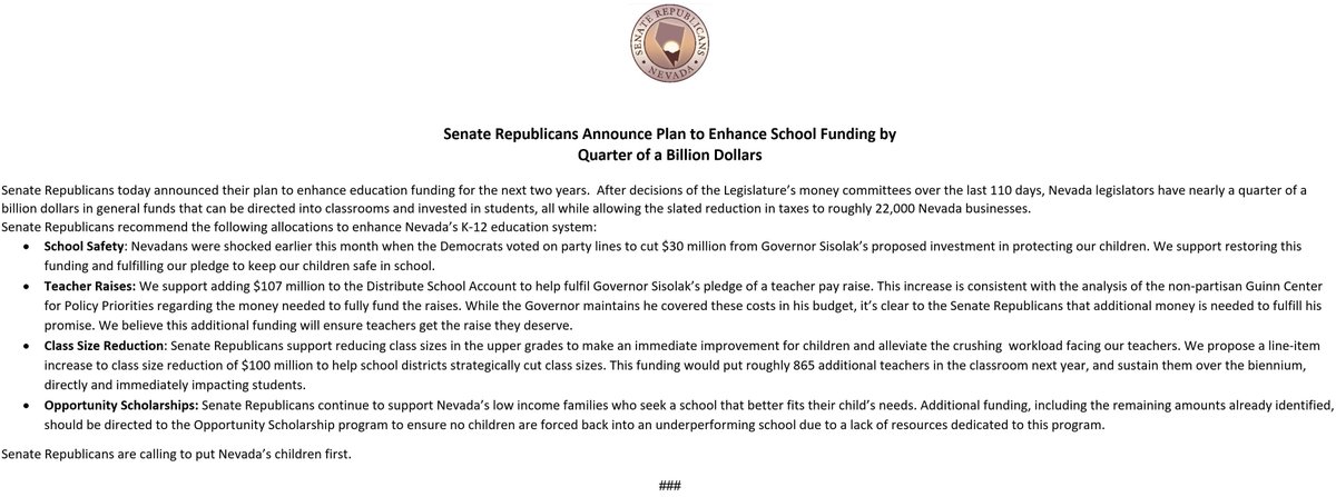 NVGOPSenate's tweet photo. Senate Republicans Announce Plan to Enhance School Funding by Quarter of a Billion Dollars #NVleg https://t.co/ImvE0RQ66E