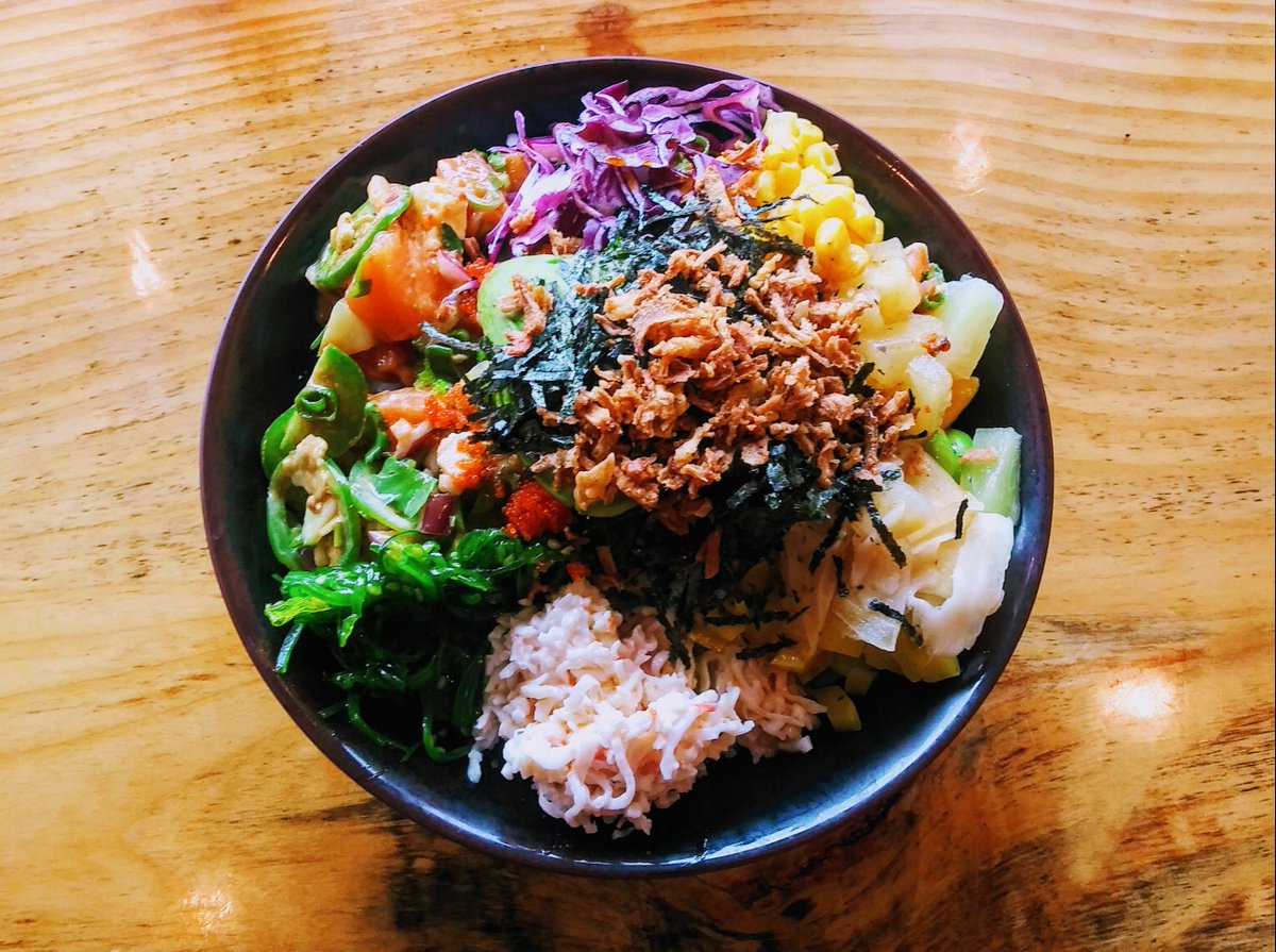 DmitriMatheny's tweet photo. Today’s #OMAD feast from #ICPoke (Tacoma WA): ahi and salmon poke bowl (so good). #Grateful #OneMealADay #CleanFast #ColorfulFeast #TheFrugalFlugel #TheOmadNomad #FastEatRepeat #DelayDontDeny #RealRoadFood https://t.co/ziInNXich4