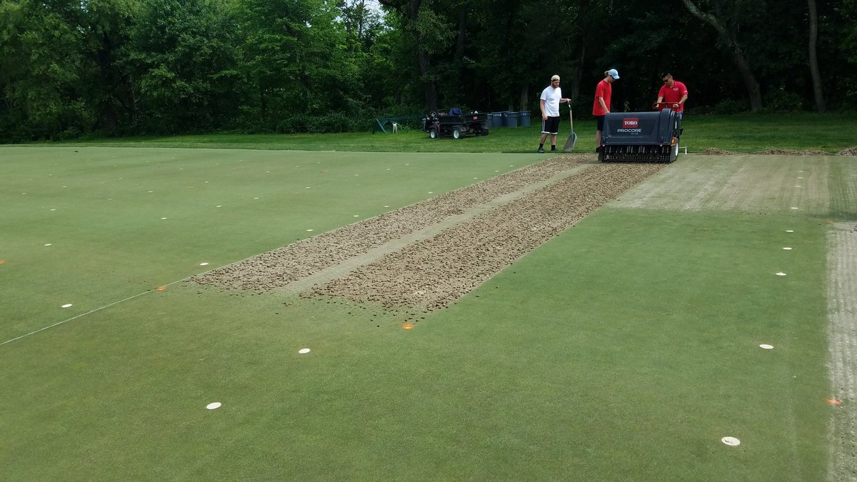 Yesterday, started 4th year of treatments in our topdressing sand size and coring trial at RU. The differing behaviour among plots is amazing to see.