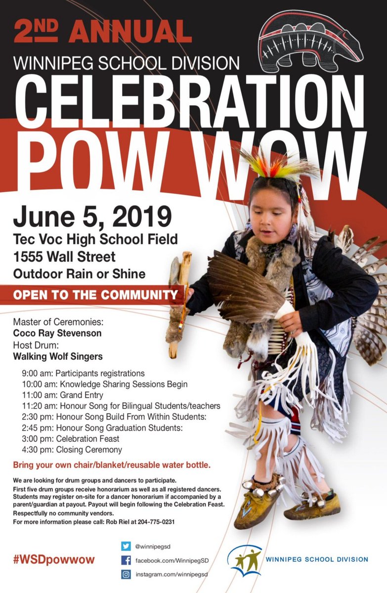 wpgchris's tweet image. You&apos;re invited to the 2nd Annual Winnipeg School Division Celebration Pow Wow!
June 5, 2019
9:00 am to 4:30 pm 
Tec Voc High School Field
Outdoor Rain or Shine
Open to the Community
#WinnipegSD #WSDPowWow