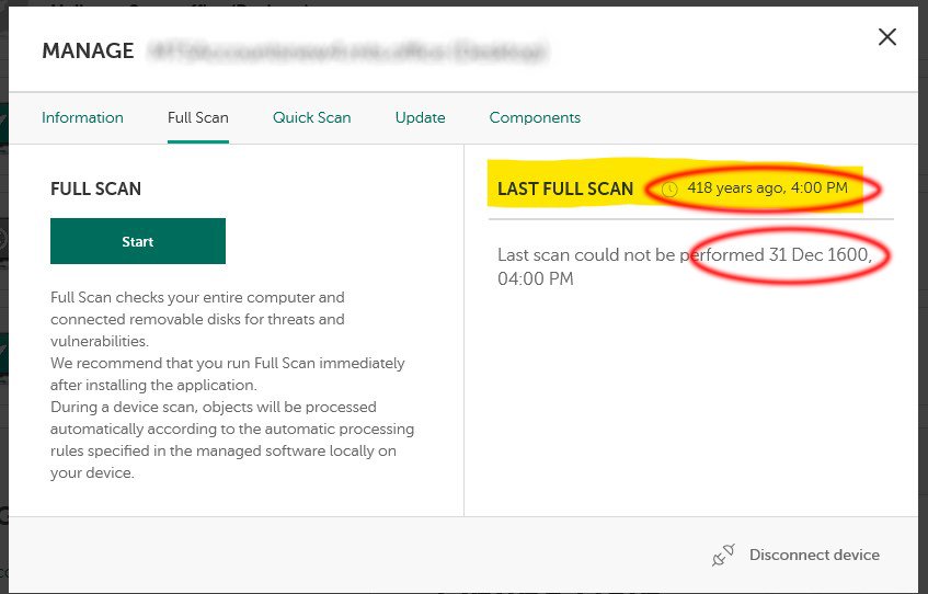 hemanthappy2011's tweet image. #Kaspersky scanned my computers 418 years ago in 1960. Really? This is showing in #Kaspersky #smallofficeSecurity 6.0. Their support thinks its problem with date of my computer which is not. However, multiple computers are showing same scan time 1960.