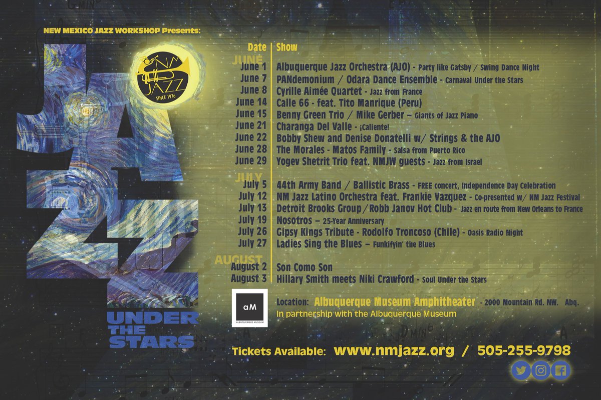 abqmuseum's tweet photo. The 2019 season of Jazz Under the Stars begins with Albuquerque Jazz Orchestra (AJO)—Party like Gatsby: Swing Dance Night on June 1. Presented by @nmjazz and held at the Albuquerque Museum Amphitheater. Info and tix at https://t.co/z80kKbjEXa https://t.co/I3XoQymV1G