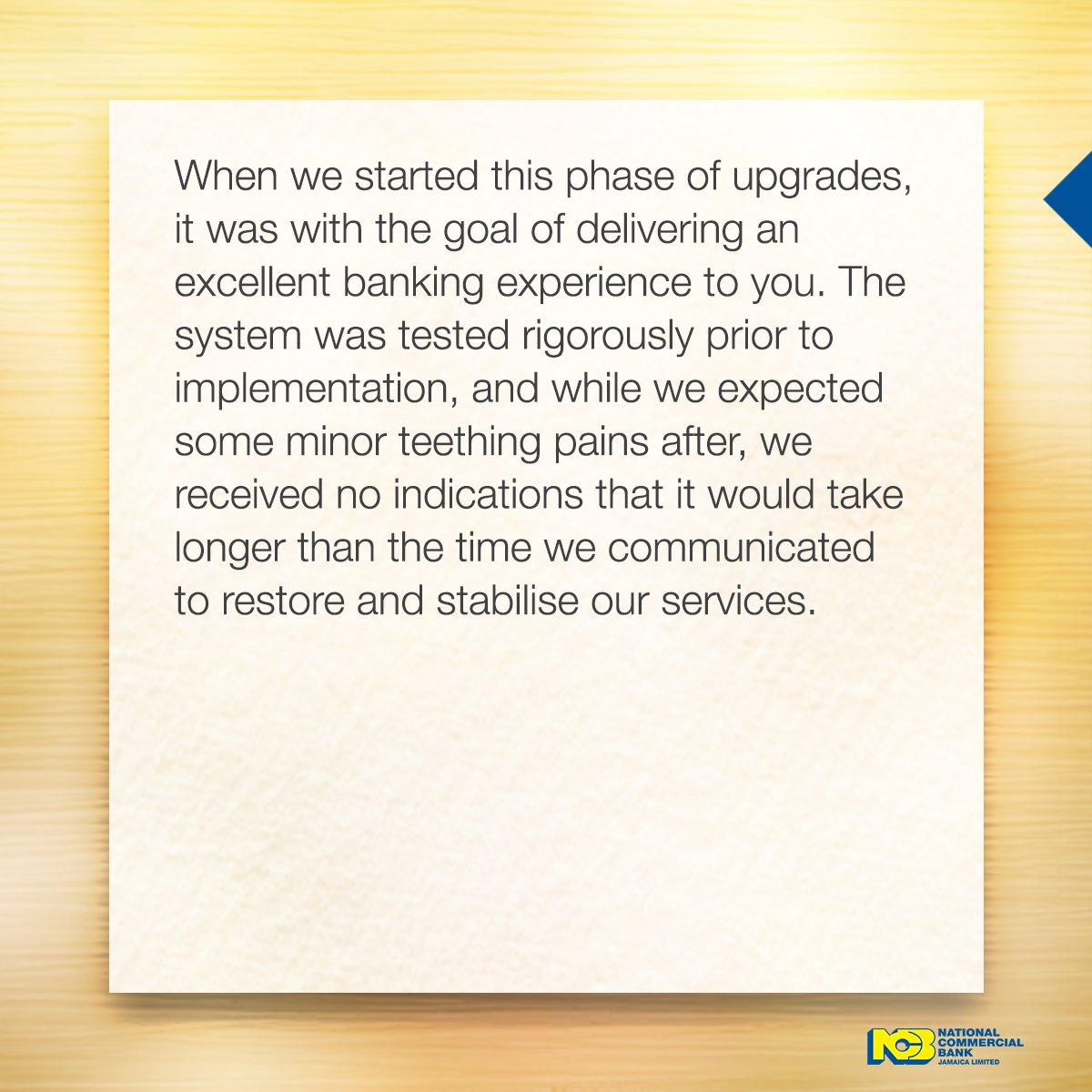 ncbja's tweet photo. An apology to NCB Customers from Patrick Hylton, President &amp; Group CEO, NCB Financial Group. 

#NCB #NCBUpgrade https://t.co/f45lTKYd4q