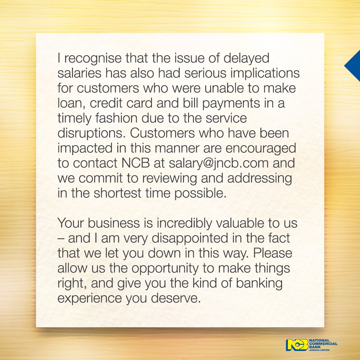 ncbja's tweet photo. An apology to NCB Customers from Patrick Hylton, President &amp; Group CEO, NCB Financial Group. 

#NCB #NCBUpgrade https://t.co/f45lTKYd4q
