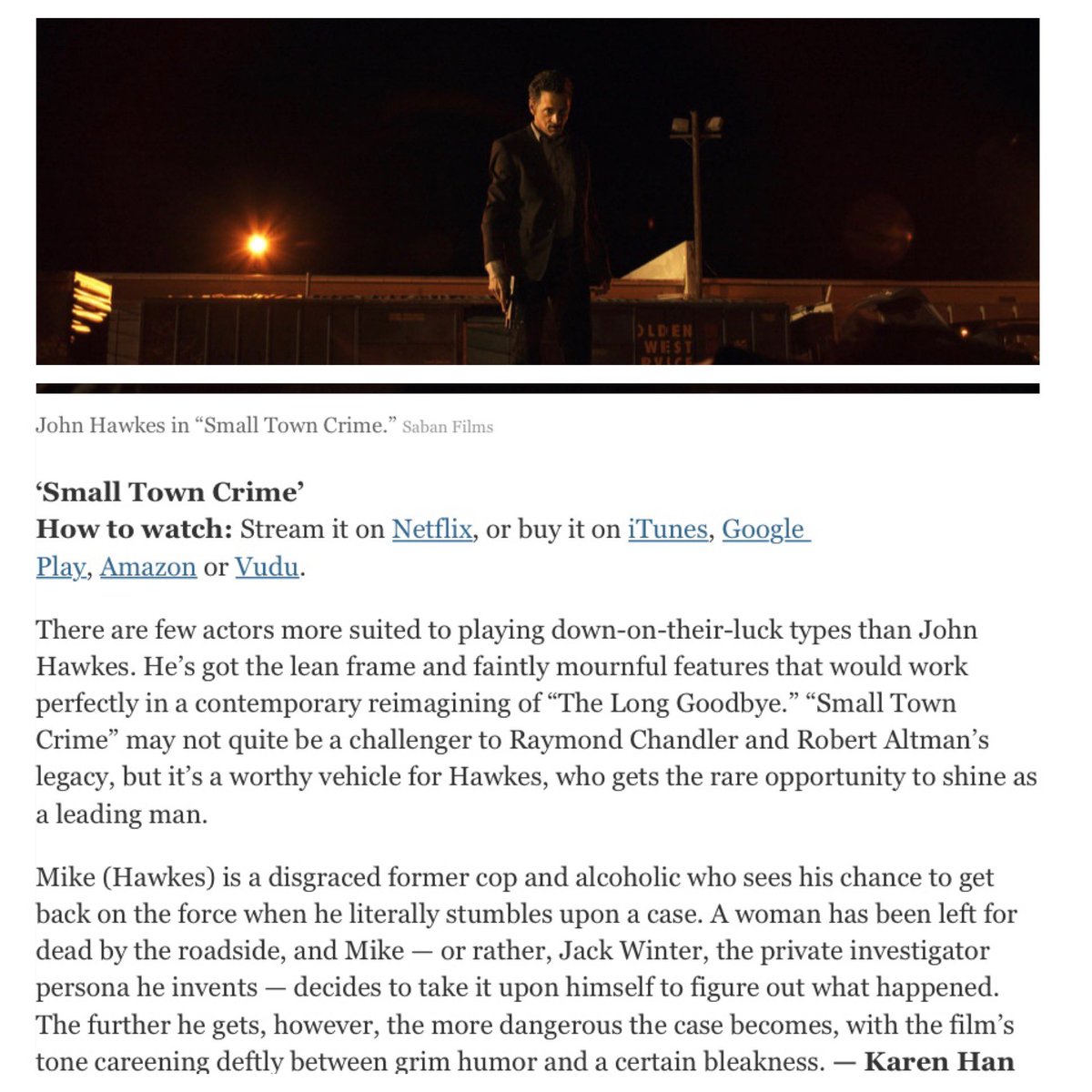 If you’re looking for a movie to watch at home this weekend, the <a href="/nytimes/">The New York Times</a> featured <a href="/SmallTownCrime/">Small Town Crime</a> by the <a href="/NelmsBros/">Nelms Bros.</a> on its “Watching” List for this week! #SmallTownCrimeFilm is out on blu-ray, DVD, <a href="/amazon/">Amazon</a> and <a href="/iTunes/">iTunes</a> everywhere now! 🎥