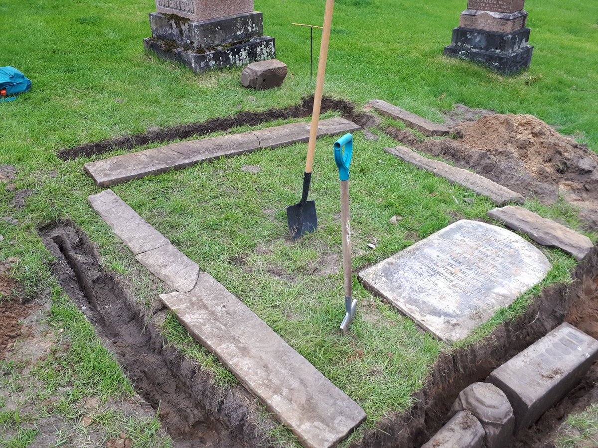 woodlandhistory's tweet image. Ever wondered how thick those grave curbs are? Our monument #conservators discovered just how large they really are today, while working on the Hugessen plot! The curbs will be reset &amp;amp; the stone raised soon! #woodlandhistory #gravestone #histarch #cemetery