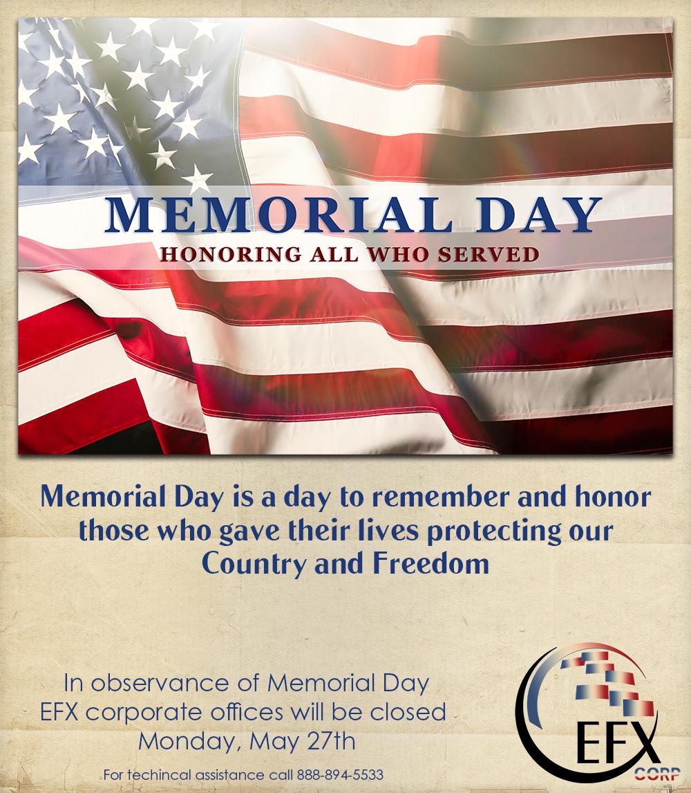 Have a fun and safe holiday weekend, and don't forget the importance of this holiday. #MemorialDayWeekend #ThankYouForYourSacrifice #EFX #ATMs