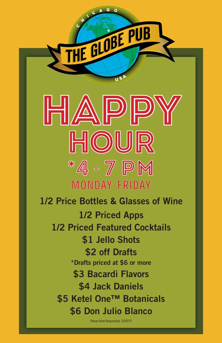 theglobepub's tweet photo. Welcome to Friday! #happyhour in underway! Come enjoy #HalfPriceWine #HalfPricedApps #HalfPricedFeaturedCocktails & #2DollarOffdrafts only at #theglobepubchicago
#theworldsneighborhoodsportsbar https://t.co/pVXUoBjCDs