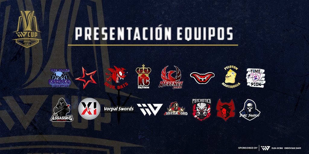 Presentamos los 16 equipos que participarán en vVv 🏆CUP🏆 #ArenaOfValor
<a href="/TeamIdolStars/">IdolStars</a>
@JusticeLord_GG
<a href="/crimson_oficial/">King Crimson Oficial</a>
@PelotonMantequi
<a href="/RevengeAoV/">Revenge Gaming</a>
@PsychoticsAoV
<a href="/TheBlackKraken3/">The Black Kraken Sports</a>
<a href="/AssassinsSquad_/">Assassins Squad</a>
<a href="/XcessiveImpulse/">Xcessive Impulse</a>
@Esports_vvv
@Pick_Time2
<a href="/PsychoticsAov/">PsychoticsAov</a>