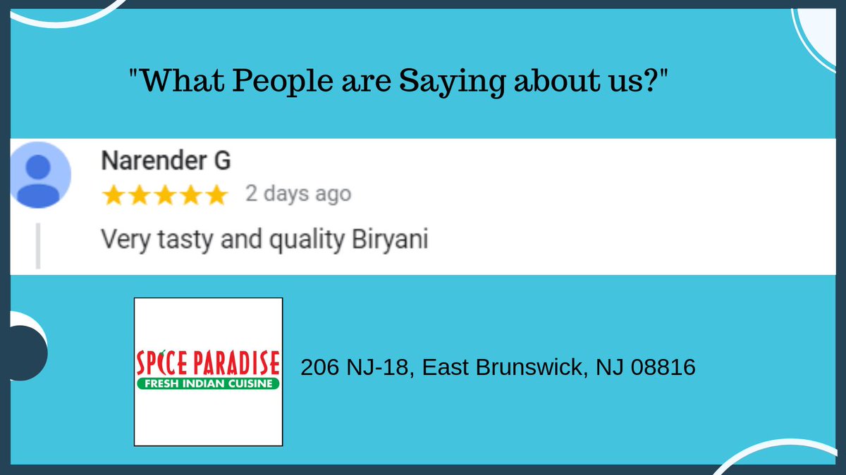 SpiceParadiseNJ's tweet photo. ➡️ What people are saying about us...??
Dine with us at SPICE PARADISE

#spiceparadisenj #eastbrunswicknj #fridayfeelings #cleaneating #healthyfood #food #healthy #healthylifestyle  #likeus #followus https://t.co/MuXWjq9LUQ