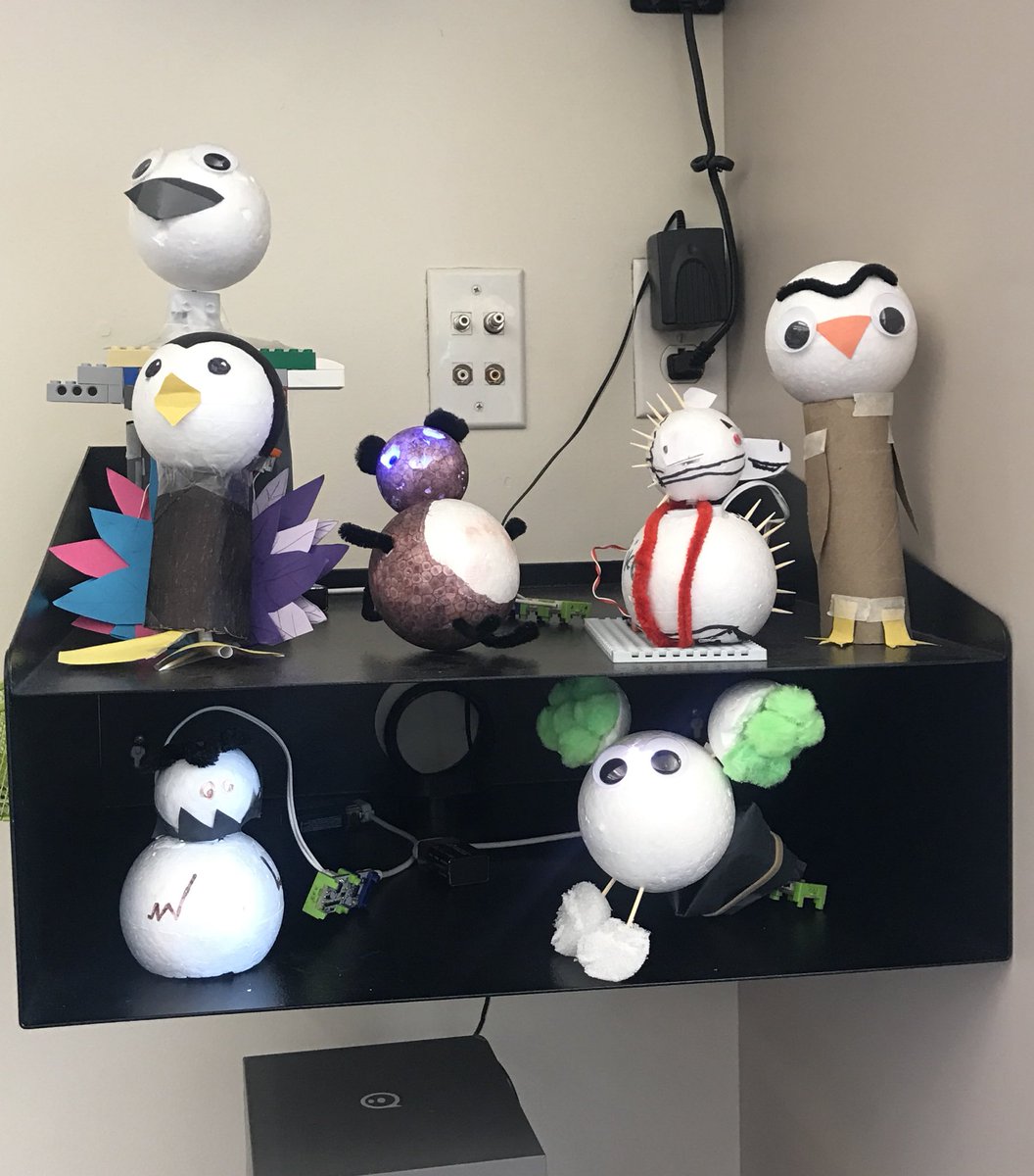 UESLibrary's tweet image. In #Makerspace, 4th and 5th grade students finished their Techno Jungle projects. They created characters with special powers using everyday supplies and littleBits modules. Some characters make noise and have LED glowing eyes, moving heads, or wagging tails! 🐵🐧🐨🐶🦉