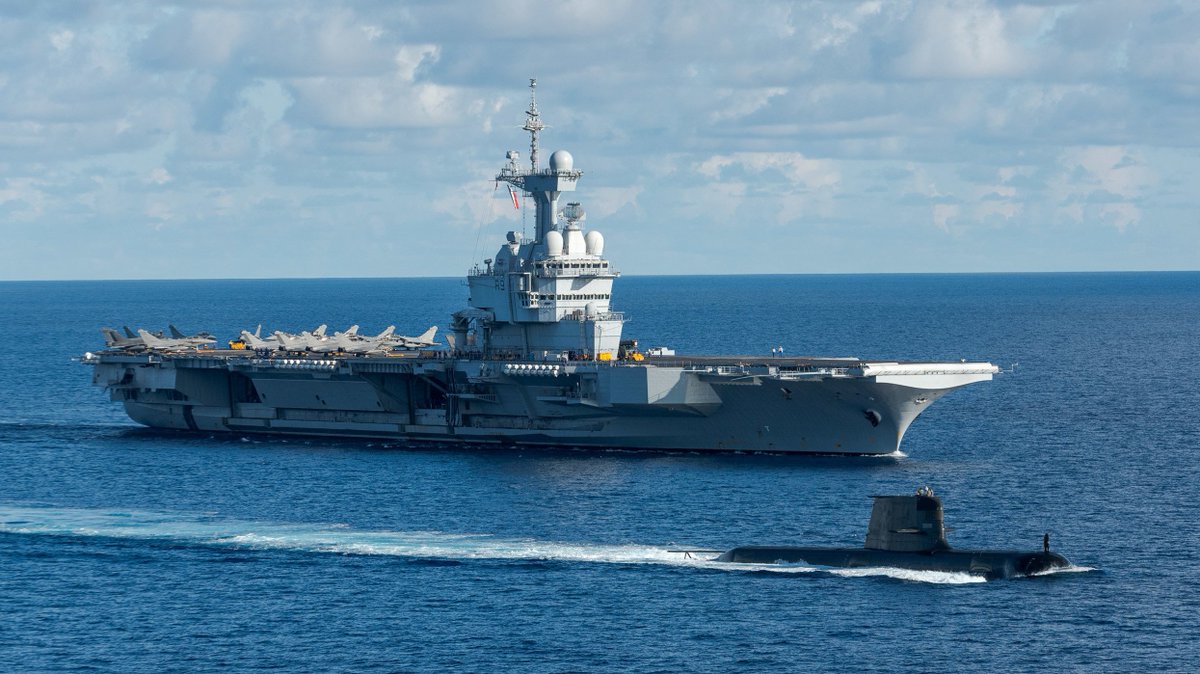 CavasShips's tweet photo. French, Japanese Australian and US #warships gathered 22 May for Exercise La #Perouse in the Bay of Bengal. French #carrier CHARLES DE GAULLE R91 and Japanese IZUMO D183 took part, with Aussie #submarine COLLINS leading. https://t.co/BPm38PeWOz
