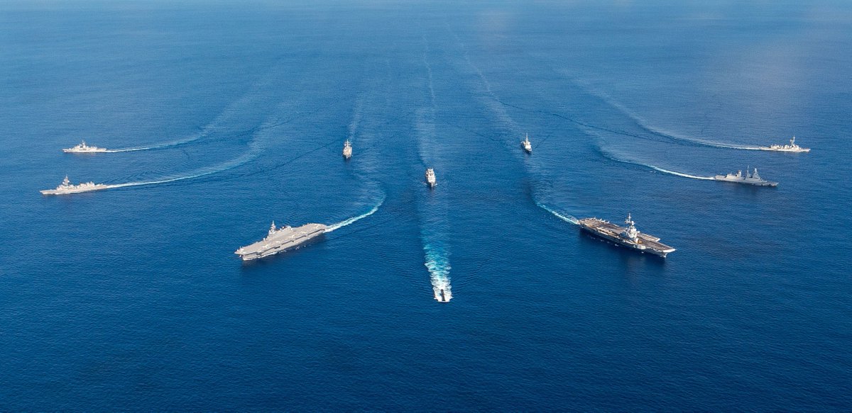 CavasShips's tweet photo. French, Japanese Australian and US #warships gathered 22 May for Exercise La #Perouse in the Bay of Bengal. French #carrier CHARLES DE GAULLE R91 and Japanese IZUMO D183 took part, with Aussie #submarine COLLINS leading. https://t.co/BPm38PeWOz