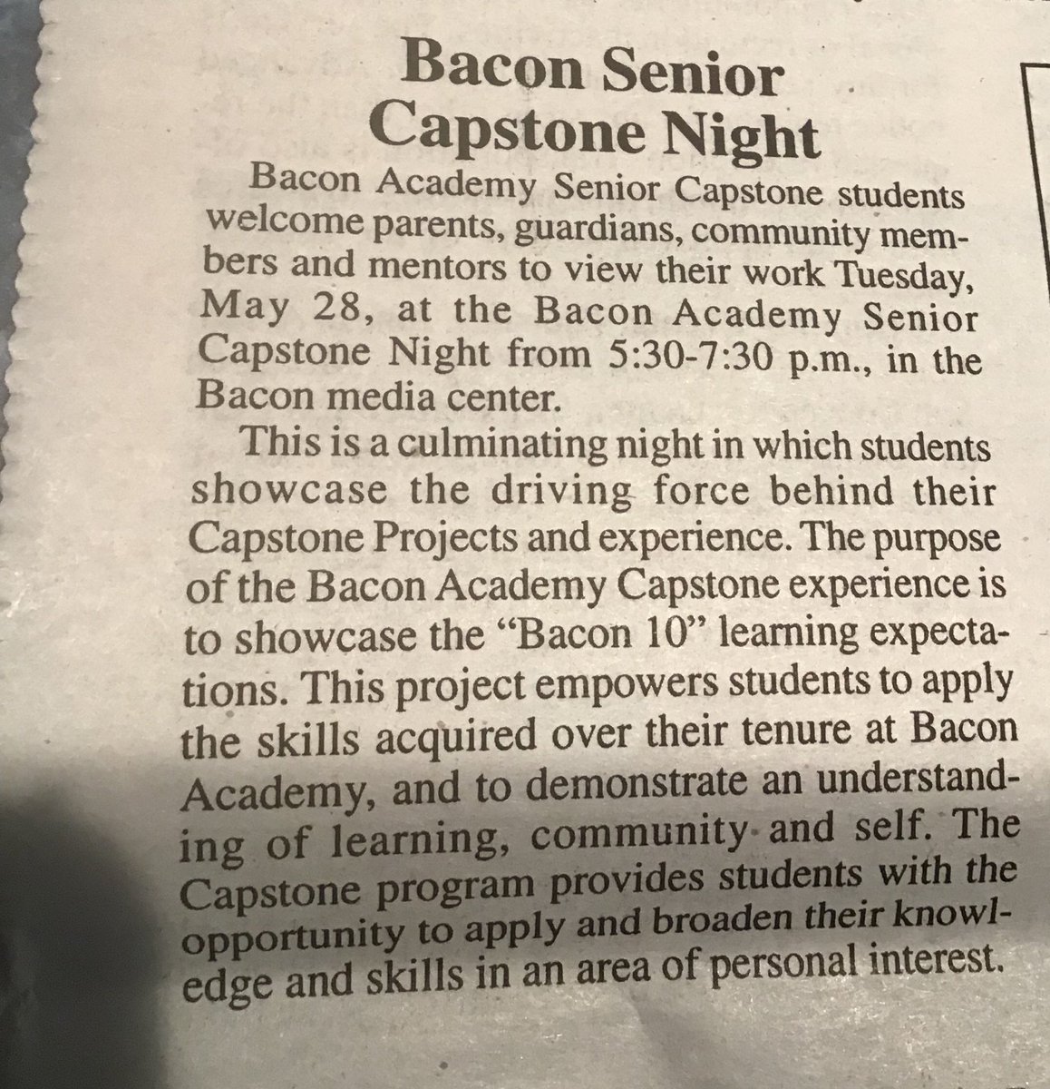 COLschools's tweet photo. 📰 Bacon Academy’s Senior Capstone Night is May 28, 2019! Please bring a canned food item to help people in need! Thank you! ⁦@BACapstone⁩ ⁦@BA_Peel⁩ ⁦ https://t.co/dEcQg0LY3r