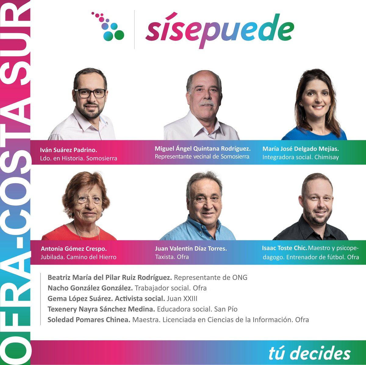 SiSePuedeSCTF's tweet photo. Conoce a las personas de la candidatura de #Sísepuede que representan al distrito Ofra-Costa Sur. 
#conlospueblos #conlosbarrios #Túdecides #PedroArcilaAlcalde https://t.co/GRUzCxr4Rw