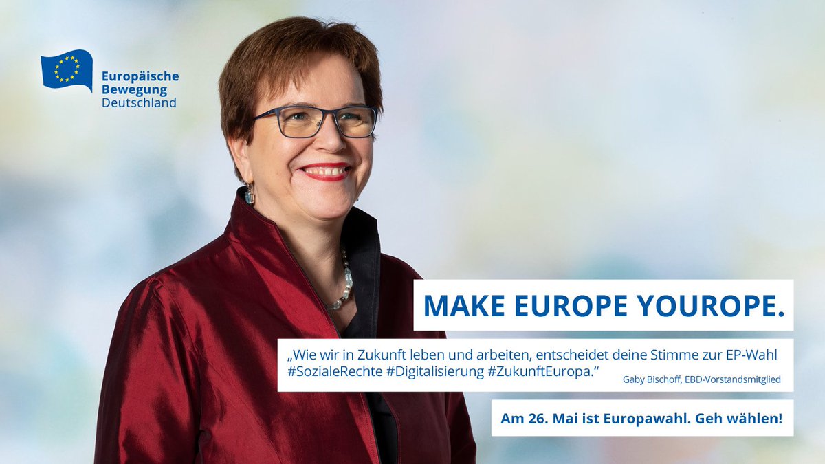 NetzwerkEBD's tweet photo. "Wie wir in Zukunft leben und arbeiten, entscheidet deine Stimme zur #Europawahl2019: #SozialeRechte #Digitalisierung #Zukunft Europa." 

EBD-Vorstandsmitglied @gabischoff für #MakeEuropeYourope

Alle Motive: https://t.co/jClmASVk4d https://t.co/wY7f7E1ffE