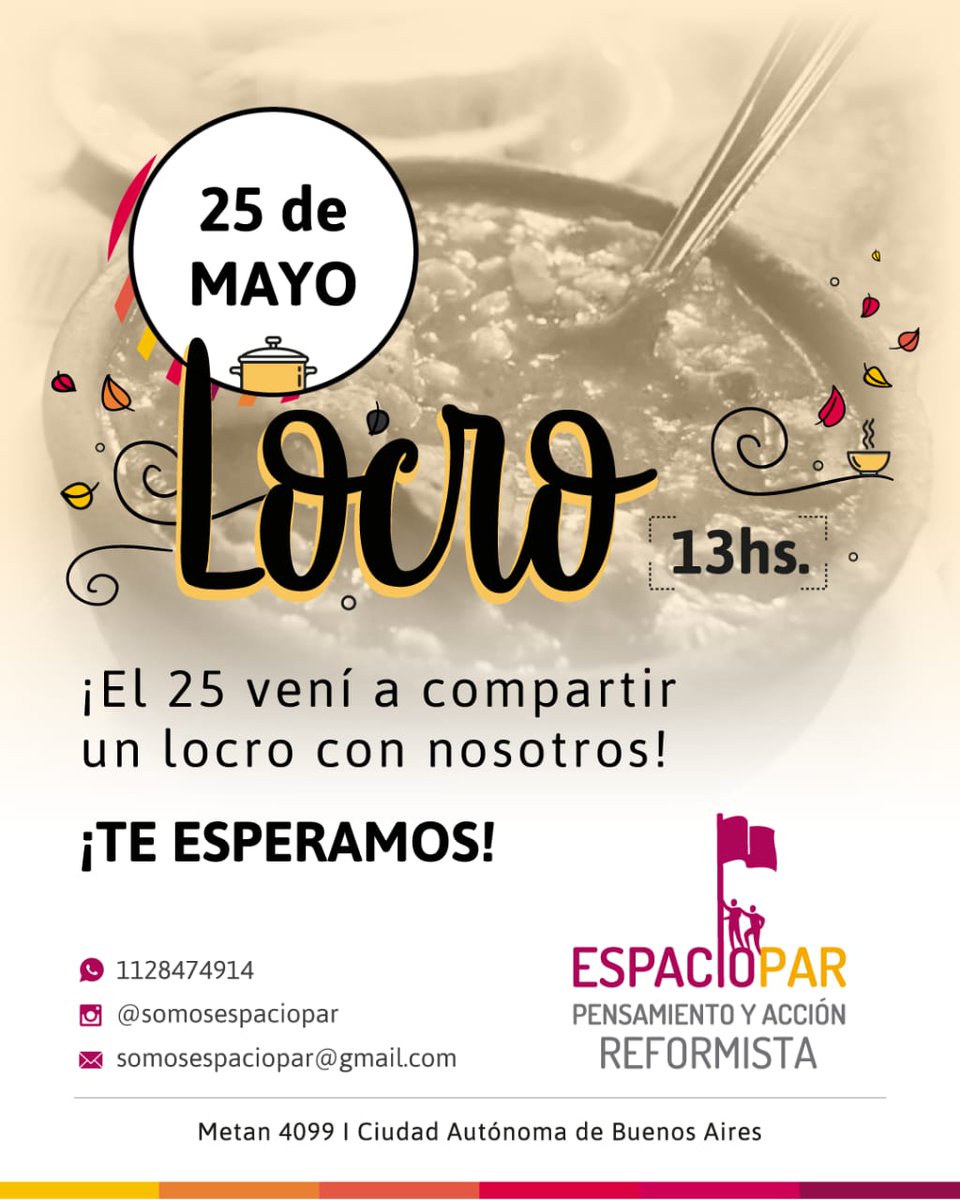 Espacio_PAR's tweet photo. Este fin de semana patrio festejamos sin parar nuestras actividades.
Hoy Viernes #OrientaciónVocacional y mañana Sábado empezamos con #ApoyoEscolar en Francés e Inglés y después sí el clásico #LocroDel25 con pastelitos, música y amigos.
¡Te esperamos! https://t.co/bC2HNyjssl