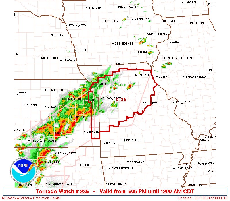 NWSSPC's tweet photo. 6:10pm CDT #SPC_Watch WW 235 TORNADO KS MO 242305Z - 250500Z, #kswx #mowx, https://t.co/Sy6MMdOIpI https://t.co/tb8bTzIRJb