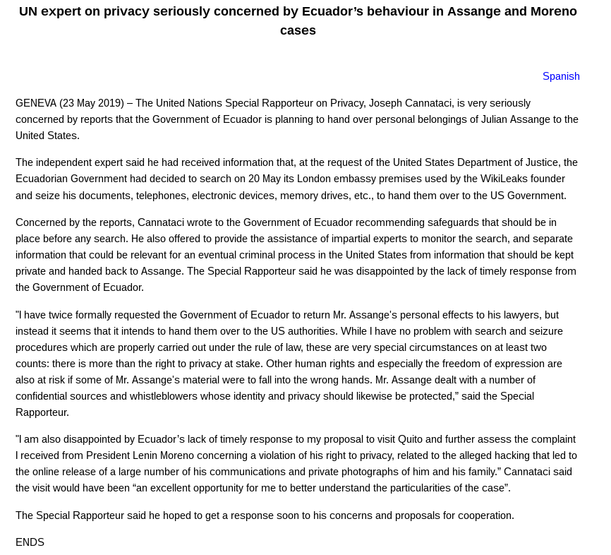 JulianAssange's tweet photo. UN Special Rapporteur on the Right to Privacy issues strong statement regarding Ecuador's seizure of Assange's belongings and their transfer to US prosecutors who are building the criminal case against Ecuador's former asylee.

https://t.co/ECueRwVFkZ https://t.co/YoDaOuMzXj