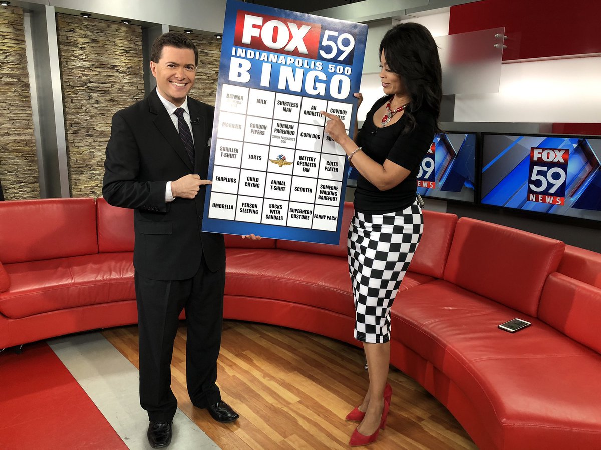 DanSpehler's tweet photo. Spot someone wearing a fanny pack or cowboy boots at the race?
You see just about everything at the #Indy500 so help us play some @FOX59 bingo on race day!
Here’s a closer look at our bingo card: https://t.co/jtFvv1JS6g #DanAndFan @FanchonStinger https://t.co/SC48PzBwtV