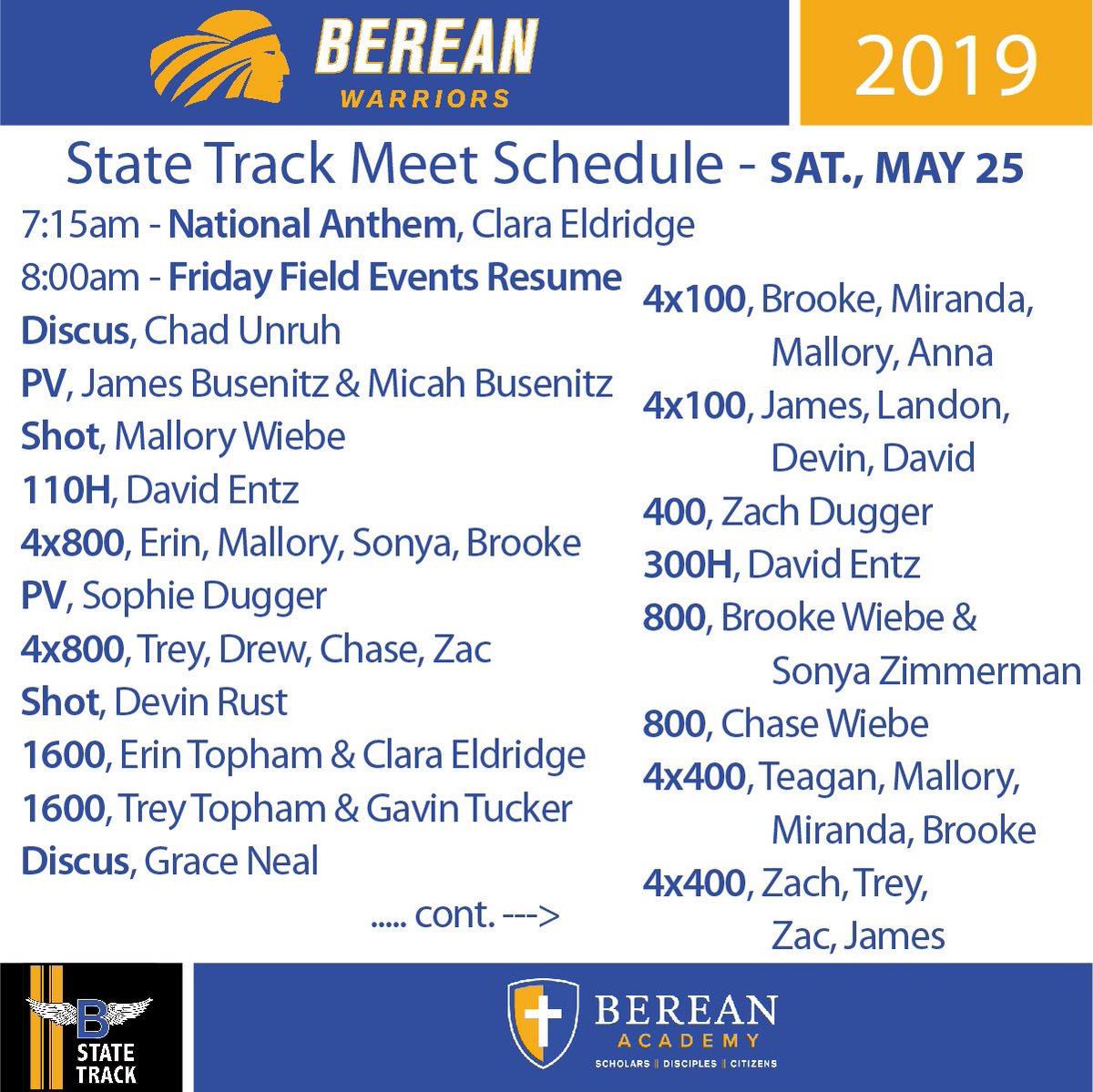 Berean Academy - KS (@iwarriors1711) on Twitter photo Okay it’s a lot to pack into a day but they will try it tomorrow. Every event will be run as a final on a rolling schedule. Running events will be finalized by times. #rescheduled #weatherupdate #statetrackandfield #gowarriors <a href="/nksports/">Newton Kansan Sports</a> <a href="/sportsinkansas/">Sports in Kansas</a> <a href="/CatchItKansas/">Catch It Kansas</a> Okay it’s a lot to pack into a day but they will try it tomorrow. Every event will be run as a final on a rolling schedule. Running events will be finalized by times. #rescheduled #weatherupdate #statetrackandfield #gowarriors <a href="/nksports/">Newton Kansan Sports</a> <a href="/sportsinkansas/">Sports in Kansas</a> <a href="/CatchItKansas/">Catch It Kansas</a>