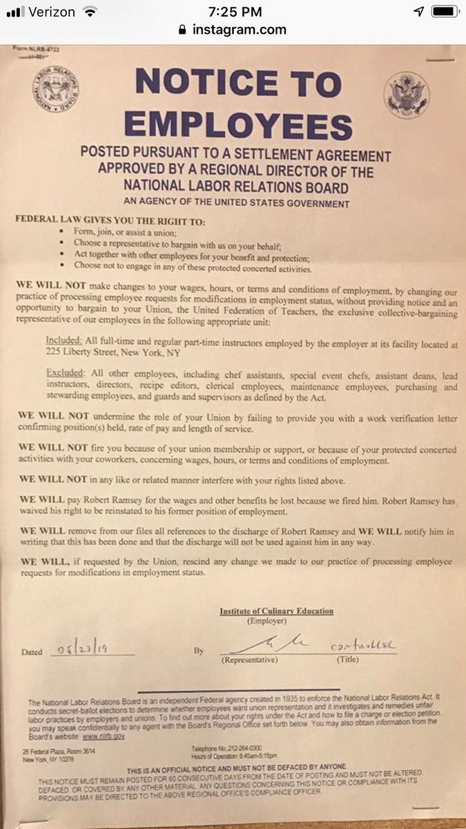 ICE_Instructors's tweet photo. @NCRSilver @naturalgourmet @iceculinary Wow! The NLRB ruled in our favor against #iceculinary refusing to provide work verification to union supporters and firing union members for supporting #uft. See it here in case you can’t find it tucked away in the dish washing area in kitchen 3 next to the time clock https://t.co/E2D1x1vXoR