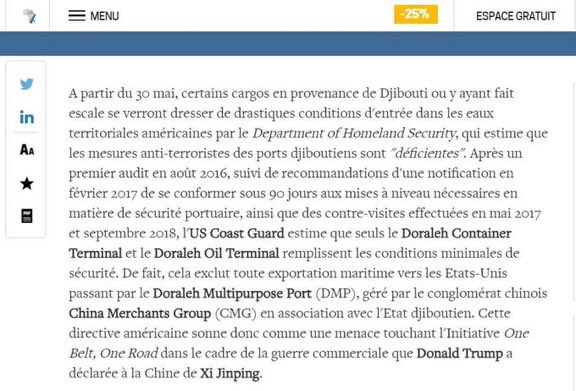 CharkoVersion's tweet photo. #Djibouti Le port de Doraleh (DMP), géré par la Chine, ne respecte pas les normes de sécurité selon les #USA et donc les navires qui l'utilisent ne seront plus accepté dans les ports américains 😡😡🤬#onebeltoneroad https://t.co/yePnYklNxa
