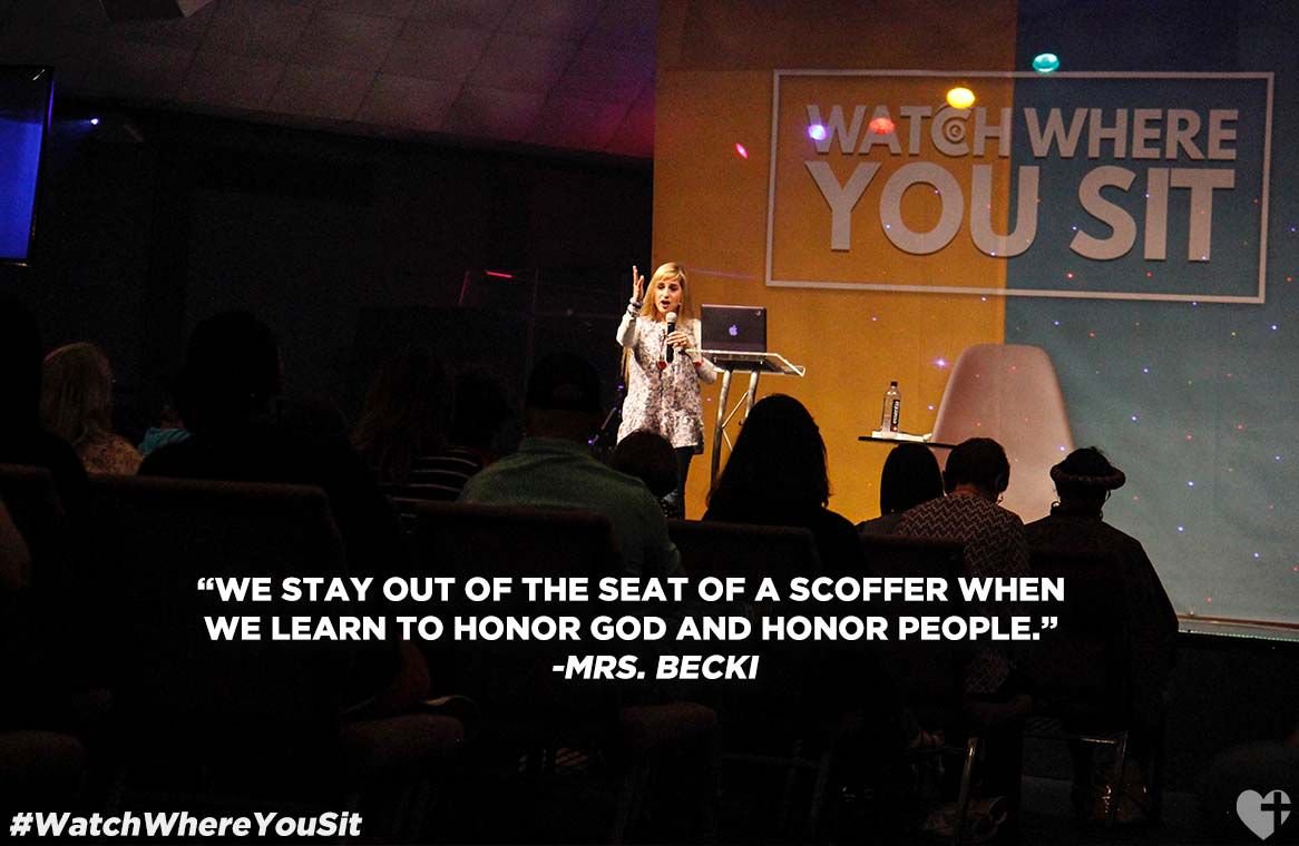 RescueChurch's tweet photo. "We stay out of the seat of a scoffer when we learn to honor God and honor people." - Mrs. Becki #WatchWhereYouSit #RescueChurch https://t.co/hsDQ3JOVyq