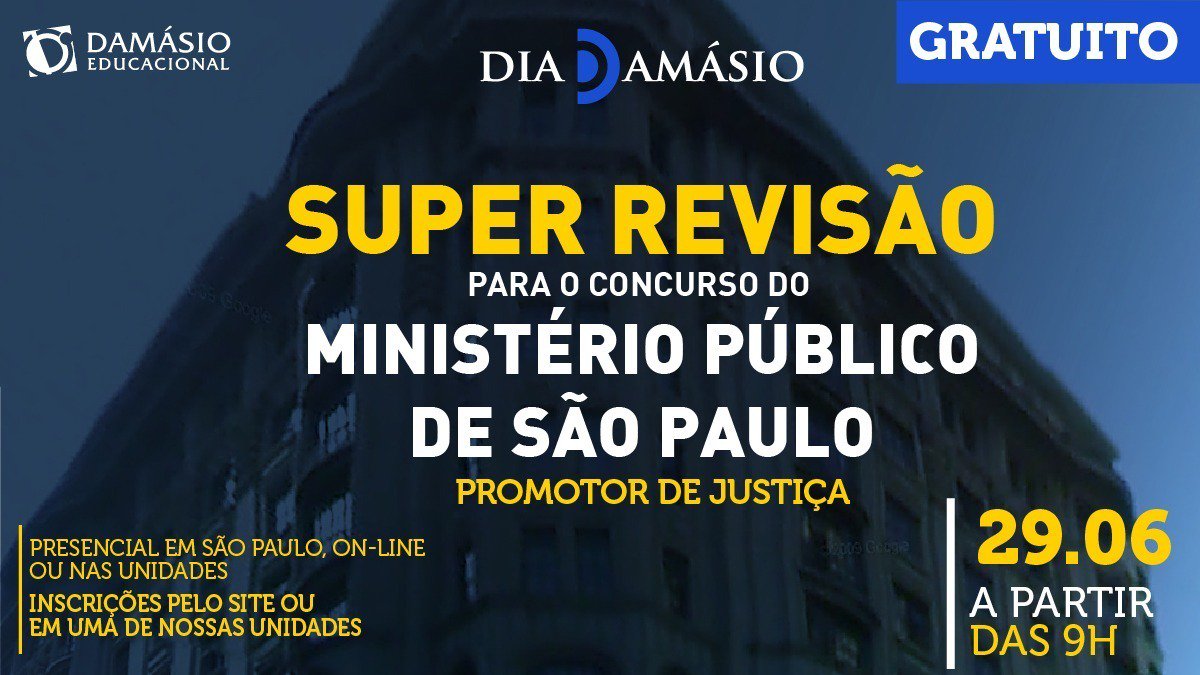 Vem ai o Dia Damásio MP/SP!

Uma super revisão para o concurso do Ministério Público de São Paulo, cargo de Promotor de Justiça!

Dia 29/06 a partir das 9h! Inscrições pelo site ou em uma das nossas unidades.

👉 bit.ly/dia_damasio_mp…