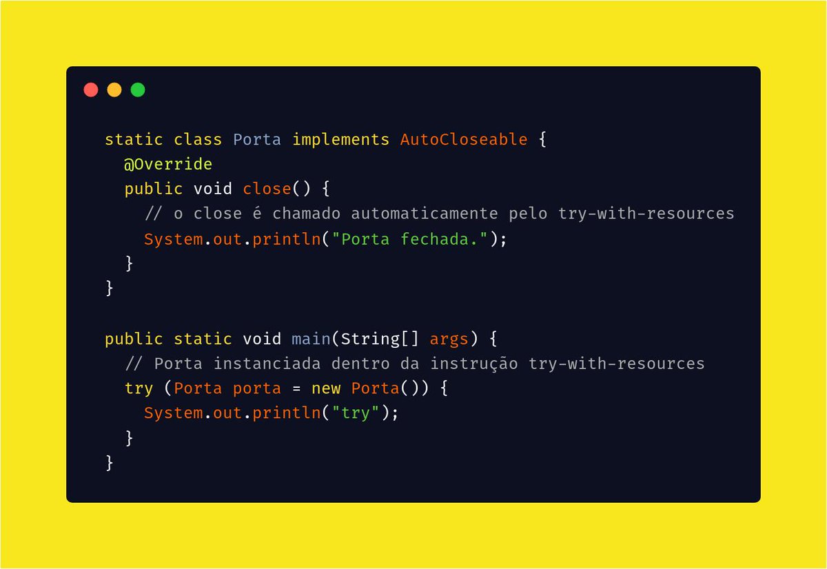 rinaldodev's tweet image. Use o try-with-resources do #Java7 e nunca mais chame um .close()! 😁
(Ou nunca mais esqueça de chamar! 😅)