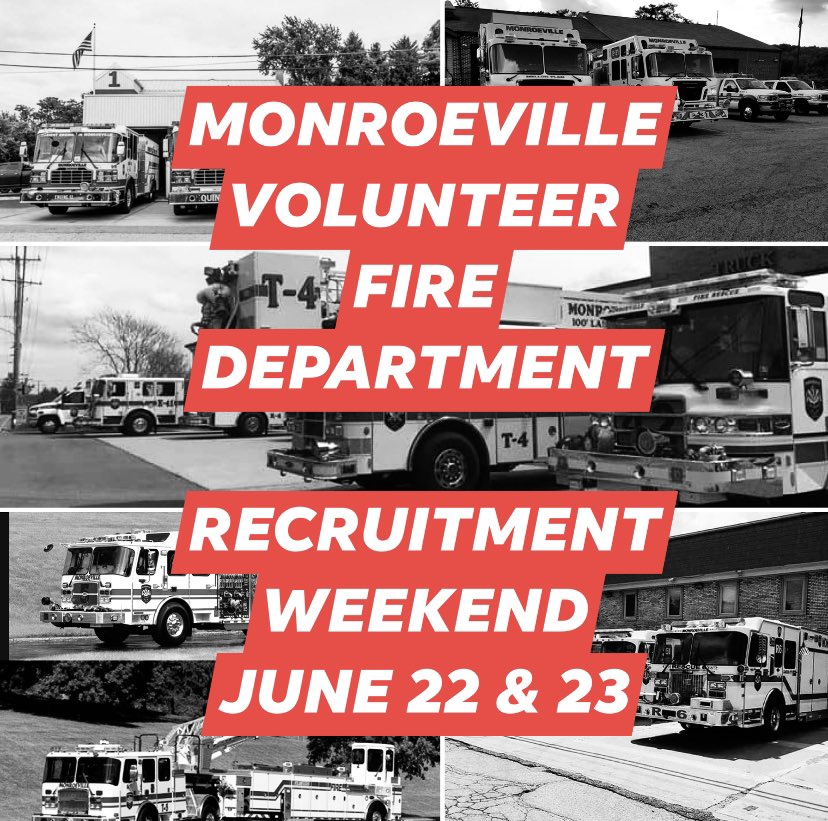 joinMFD's tweet image. MONROEVILLE VOLUNTEER FIRE DEPARTMENT RECRUITMENT WEEKEND
June 22nd/June 23rd 

first annual Recruitment/Ride-Along Weekend being held 9 am Saturday, June 22nd through 5 pm Sunday, June 23rd. facebook.com/23015146086389…