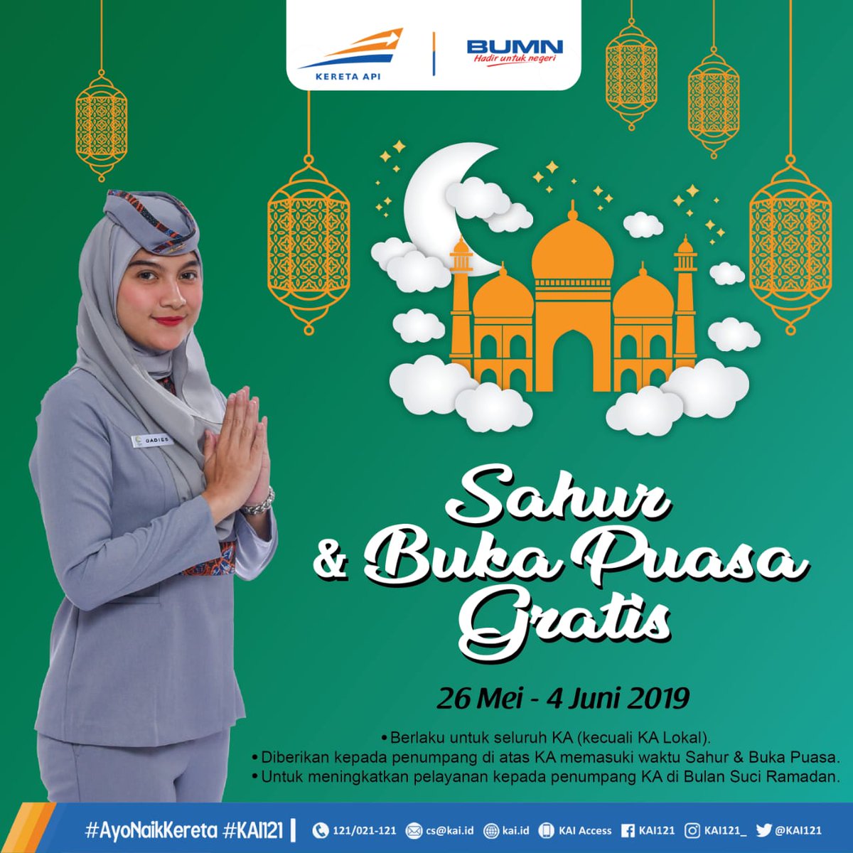 Buat #SahabatKAI yg berbuka puasa dan sahur dalam perjalanan KA nggak perlu bawa bekal dari rumah, karena mulai tgl. 26 Mei 2019 nanti, PT KAI akan membagikan Paket Berbuka Puasa dan Sahur Gratis di semua KA, terkecuali KA Lokal.⁣
⁣
Jadi makin semangat kan puasanya #SahabatKAI?