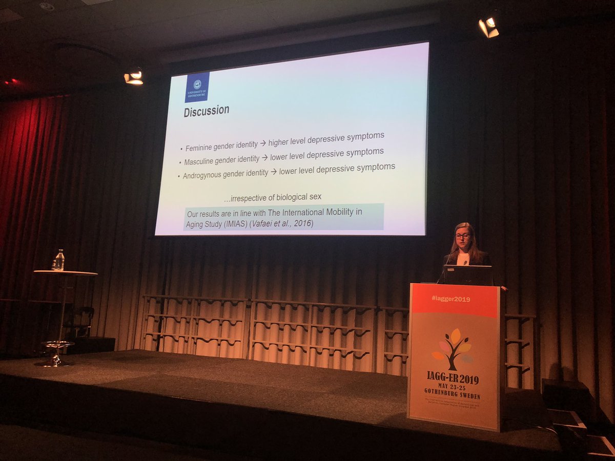 Feminine gender identity is connected to higher levels of depressive symptoms while masculine gender identity is connected to lower levels of depressive symptoms as well as an androgynous gender identity, says <a href="/RydbergSterner/">Therese Rydberg Sterner</a> from <a href="/agecap_gu/">agecap_gu</a> at <a href="/iagger2019/">IAGG-ER 2019</a> #agecap